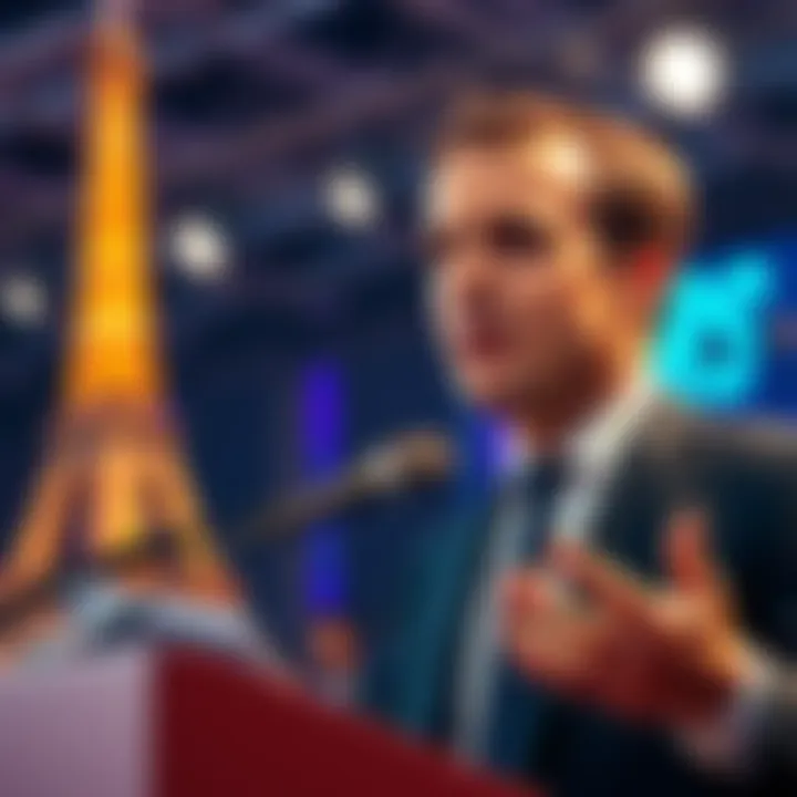 Macron speaking at Paris Blockchain Week President Macron at Paris Blockchain Week discussing France's new approach to cryptocurrency