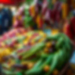 Close-up of vibrant magic beans displayed at a market stall, showcasing their unique shapes and colors, attracting curious buyers.