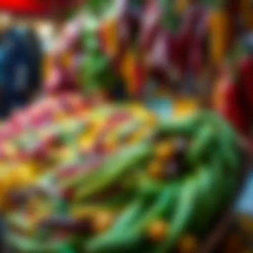 Close-up of vibrant magic beans displayed at a market stall, showcasing their unique shapes and colors, attracting curious buyers.