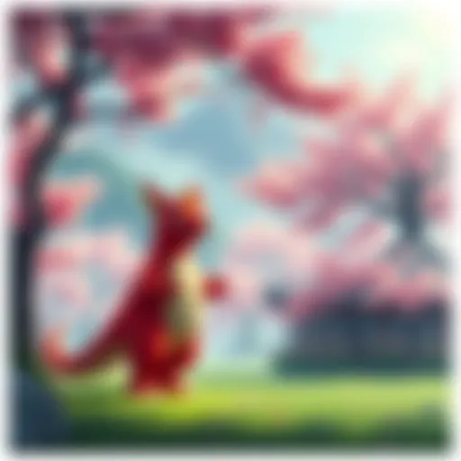 A vibrant Magmar standing in a Japanese park surrounded by cherry blossom trees, highlighting its cultural relevance in the Pokémon community.