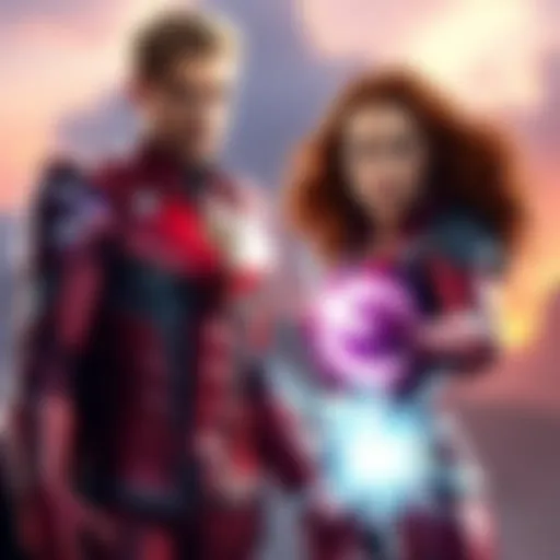 Magneto, in a red and purple costume, stands confidently with his magnetic powers activated, while Scarlet Witch, in her red costume, casts a spell beside him. They both display a determined expressio...