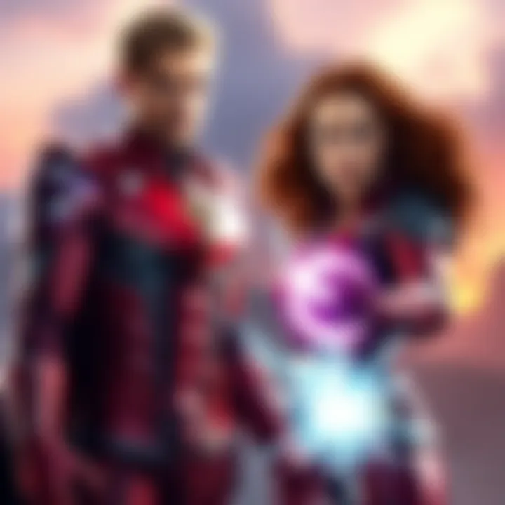 Magneto, in a red and purple costume, stands confidently with his magnetic powers activated, while Scarlet Witch, in her red costume, casts a spell beside him. They both display a determined expressio...