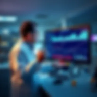 A scientist presenting a breakthrough in the lab with visuals of charts and data on a screen