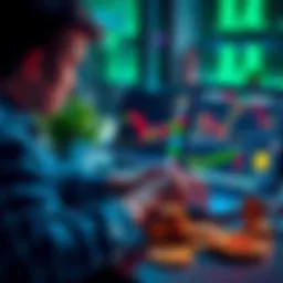 A person analyzing cryptocurrency charts on a laptop with crypto coins on the table