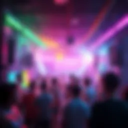 A lively male-only meet-up with a cyberpunk theme featuring neon lights, futuristic decor, and attendees enjoying music and socializing.
