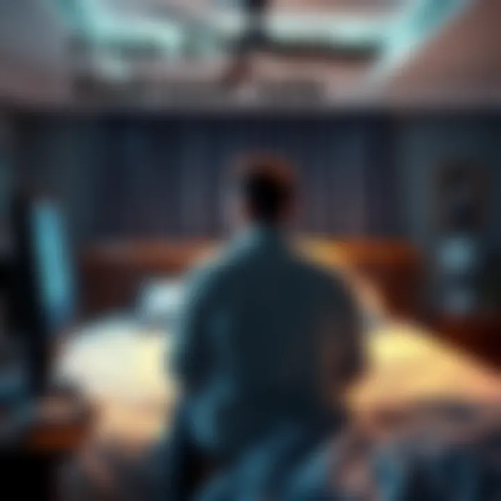 Man in bedroom looking at computer screen A man sitting in his bedroom, looking worried while staring at a computer screen, symbolizing his financial loss.