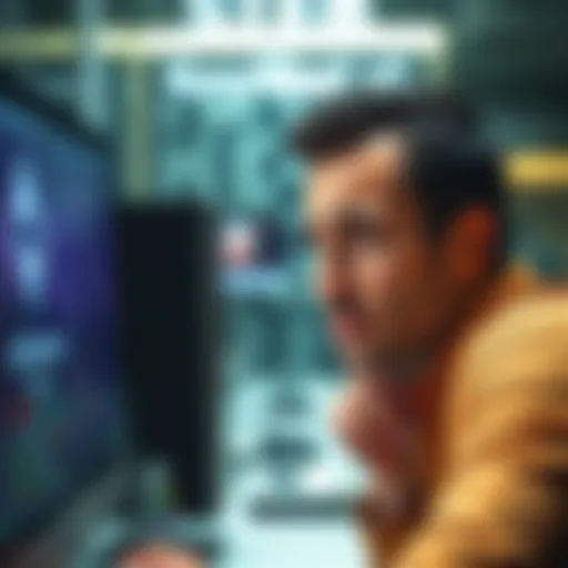 A man looking concerned while viewing a computer screen displaying cryptocurrency transactions, symbolizing a hacking attempt, with a worried expression on his face.