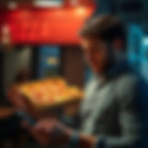 A man holds a pizza box while looking at a Bitcoin wallet on his phone, recalling the day he spent 19 Bitcoin for pizza.