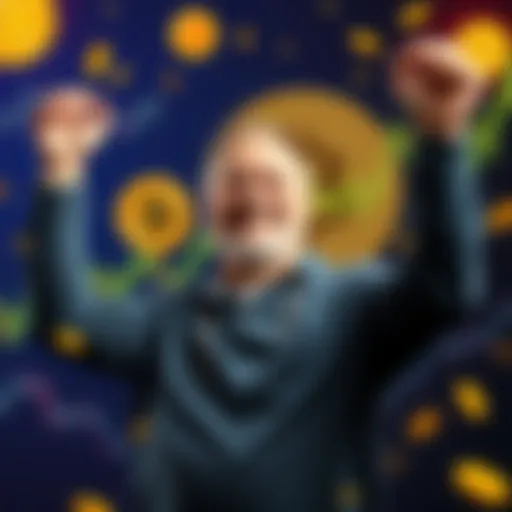 A man smiling and raising his hands in celebration, surrounded by Bitcoin symbols and graphs, showing his commitment to holding investments.