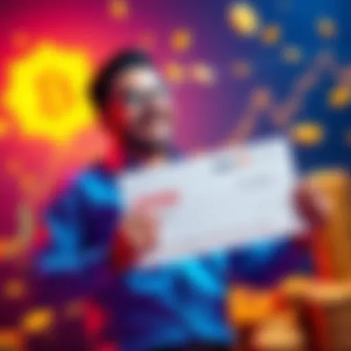 A happy man holding a large check symbolizing his $600K gain from Dixt Finance, surrounded by coins and financial graphs.