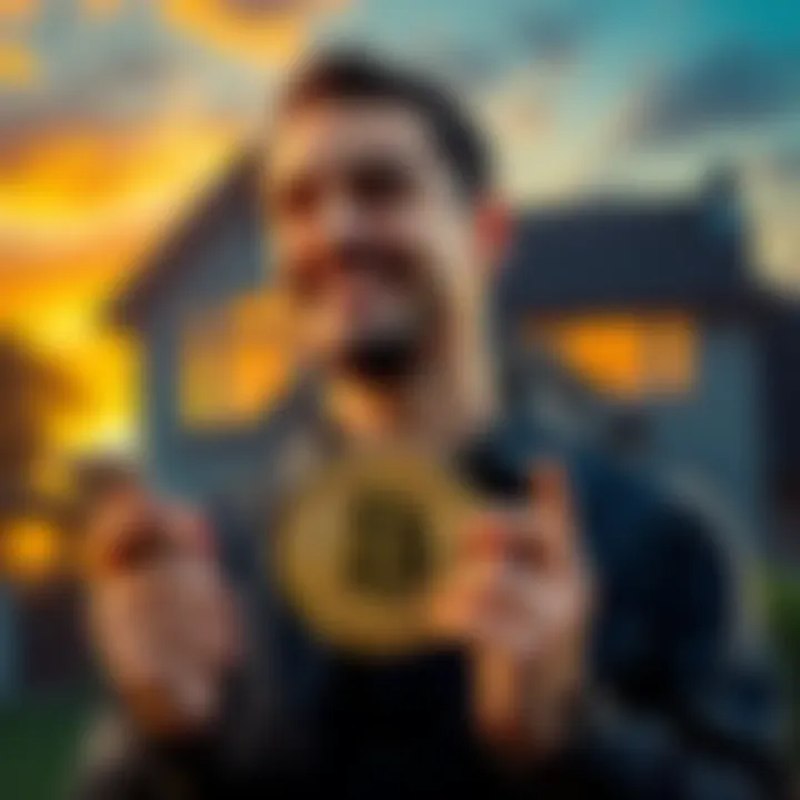 Man choosing crypto over house A man smiling while holding a cryptocurrency symbol, with a house silhouette in the background