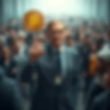 A confident man in a suit holding a Bitcoin symbol, surrounded by a crowd of curious people, showcasing a mix of skepticism and interest.