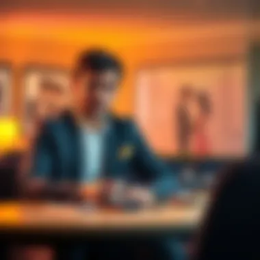 A man sits at a table with a worried expression, holding a ring box in one hand and looking at a blurred image of a couple in love, hinting at his dilemma about revealing his Bitcoin wealth before mar...