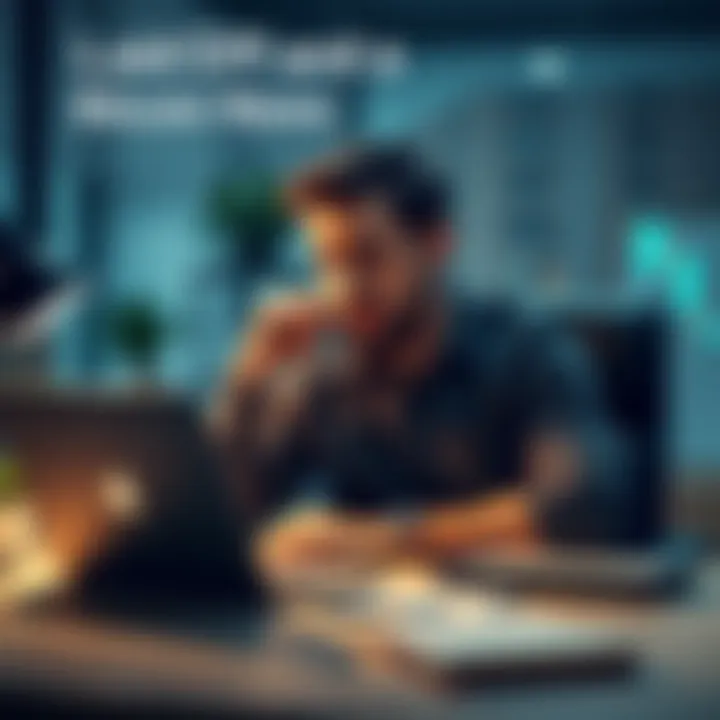 A man in his late 30s sits at a desk, looking worried while checking bitcoin prices on his laptop, reflecting on his recent job loss.