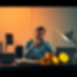 Man contemplating job change for Bitcoin A man sits at a desk, deep in thought, weighing the decision to quit his job for 3 Bitcoin, with a laptop and cryptocurrency symbols nearby.