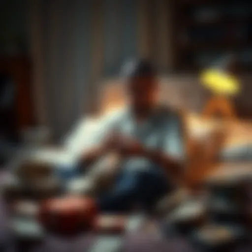 Man counting money in his bedroom A man sitting on his bed, surrounded by stacks of cash and financial documents, looking worried about his finances.