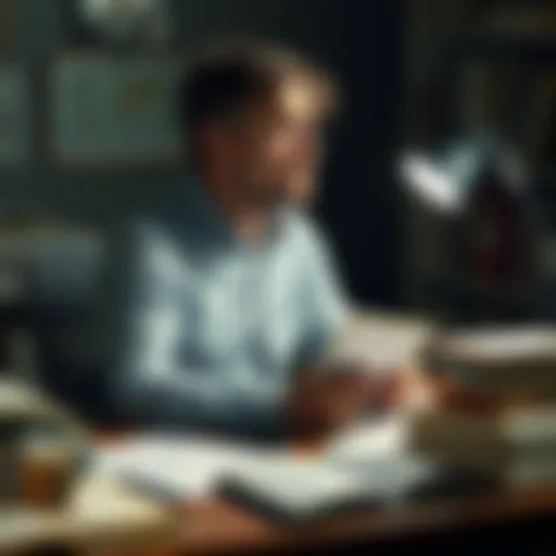 A man sits at a desk surrounded by books and notes, looking contemplative as he works on a problem, symbolizing his journey toward understanding.
