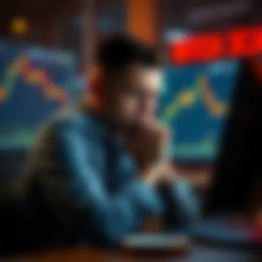 A man sits at a desk with his head in his hands, staring at a computer screen displaying falling cryptocurrency graphs, reflecting despair and loss.
