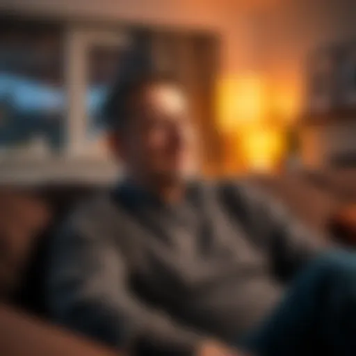 A man looking pensive and worried sitting on a couch, reflecting on a joke made by his wife about his size. A warm and cozy living room atmosphere highlights the contrast between their long relationsh...