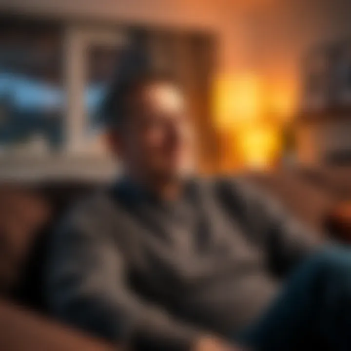 A man looking pensive and worried sitting on a couch, reflecting on a joke made by his wife about his size. A warm and cozy living room atmosphere highlights the contrast between their long relationsh...