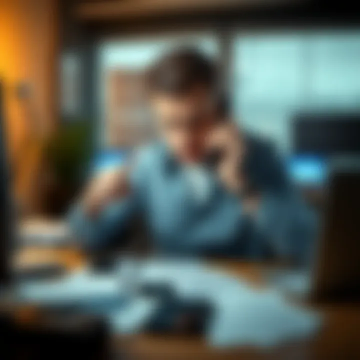 An Australian man looks stressed while speaking on the phone at a desk filled with papers and a stolen iPhone, reflecting his struggle with Revolut's customer service.