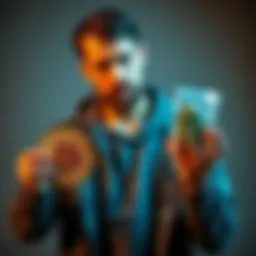 A man looks disappointed while holding a bitcoin symbol and a small bag of cannabis, reflecting on a past purchase decision.