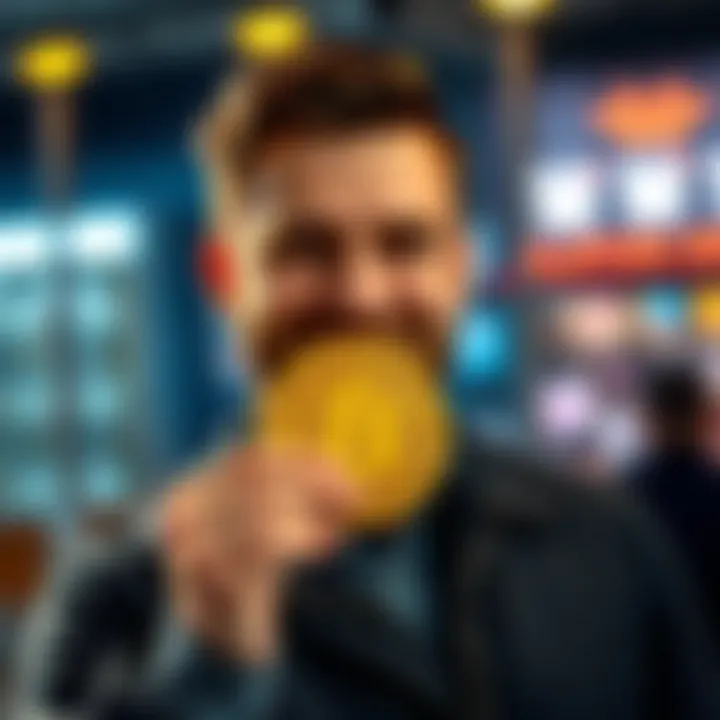 A man smiles while holding a Bitcoin symbol, showcasing a sense of pride in his small crypto ownership.