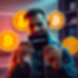 A man looks relieved while holding his recovered Nano X device, surrounded by crypto symbols for Bitcoin and ADA, in a secure setting.