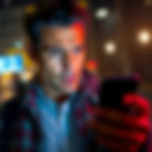 A man looks worried as he checks his phone, displaying a fraudulent exchange site, representing loss and deceit.