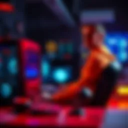 Man mining Bitcoin on PC A person sitting at a desk with a gaming PC, mining Bitcoin with software running on the screen.