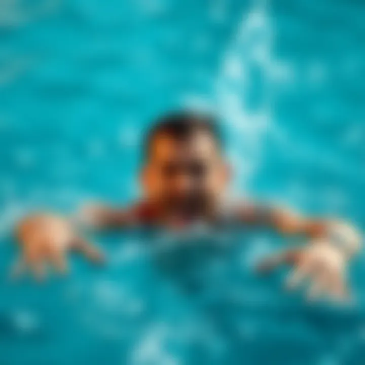 A man struggling in water, almost going underwater, showing a tense moment.