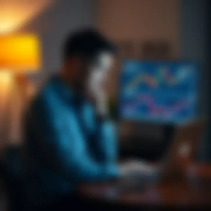A thoughtful man sitting alone, looking at a laptop with a Bitcoin chart on the screen, expressing regret about past investment choices.