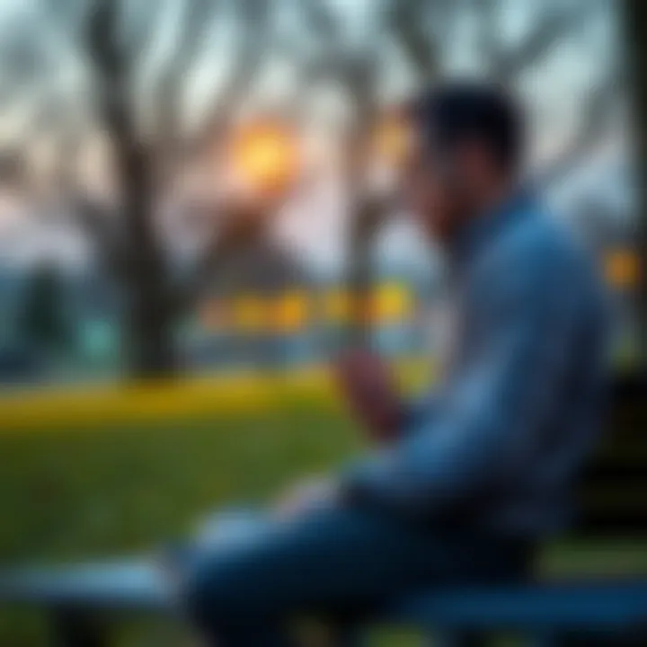 A man sits on a park bench, deep in thought, looking at his phone showing XRP price charts.