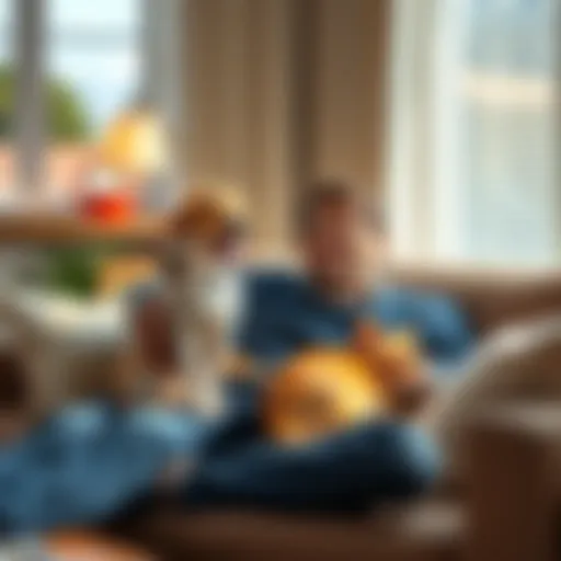 A man sitting on a couch with a dog and a cat, enjoying a peaceful moment together