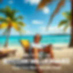 A man relaxing on a beach in Costa Rica, surrounded by palm trees and blue water, symbolizing wealth and success from Bitcoin investments