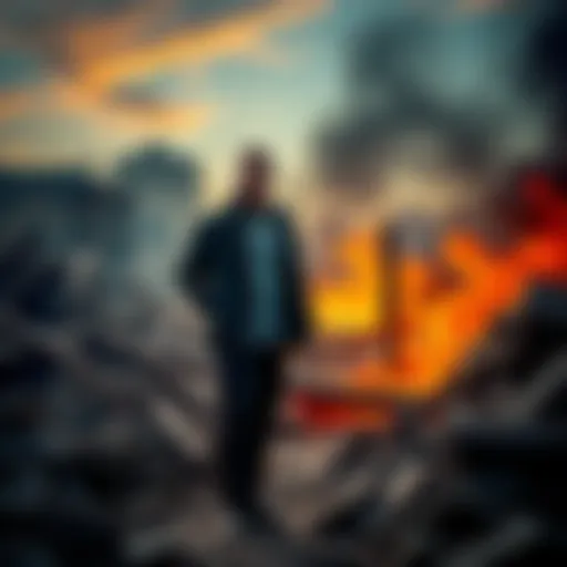 A man looks determined while standing in the midst of destruction, symbolizing resilience after a tragedy.