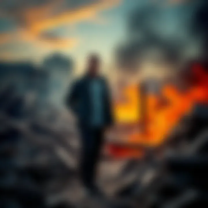 Man standing amidst ruins A man looks determined while standing in the midst of destruction, symbolizing resilience after a tragedy.