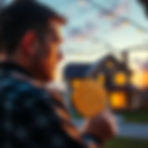 A man looking at a house while holding a Bitcoin symbol, reflecting on his emotional journey of selling 10BTC after a decade of investment.