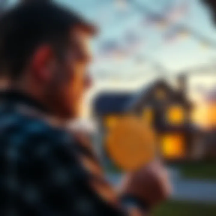 A man looking at a house while holding a Bitcoin symbol, reflecting on his emotional journey of selling 10BTC after a decade of investment.