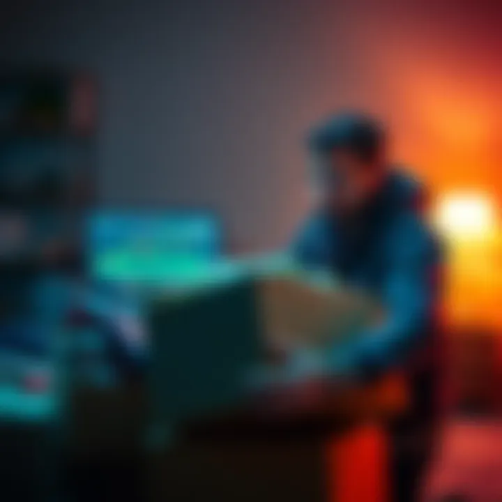 A person packing boxes of belongings to sell, with a laptop showing cryptocurrency charts in the background