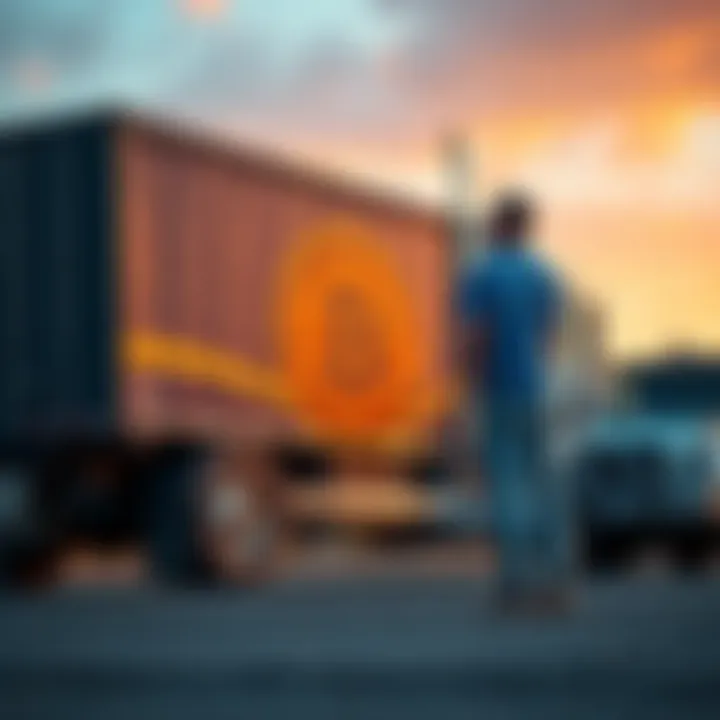 Man selling truck for Bitcoin investment A man stands next to a sold truck with a Bitcoin symbol in the background, reflecting on his investment journey