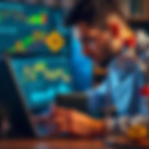 A person configuring a Trezor 3 hardware wallet on a new laptop with a focused expression, surrounded by cryptocurrency charts
