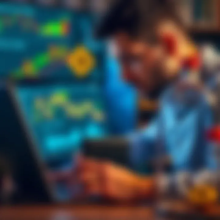 A person configuring a Trezor 3 hardware wallet on a new laptop with a focused expression, surrounded by cryptocurrency charts
