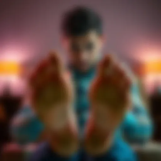 A man looking down at his feet with a confused expression, highlighting his discomfort with them.