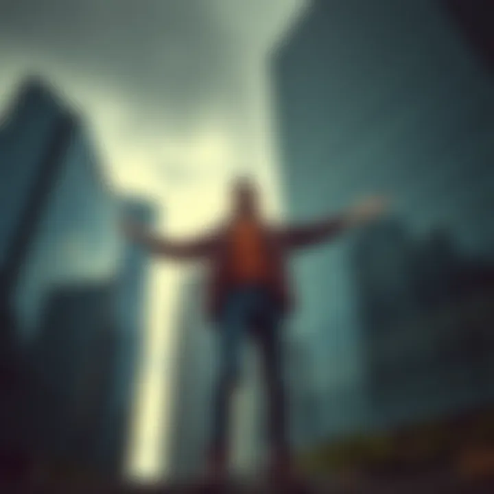 An individual stands confidently in front of large corporate buildings, symbolizing personal freedom and resilience against corporate power.