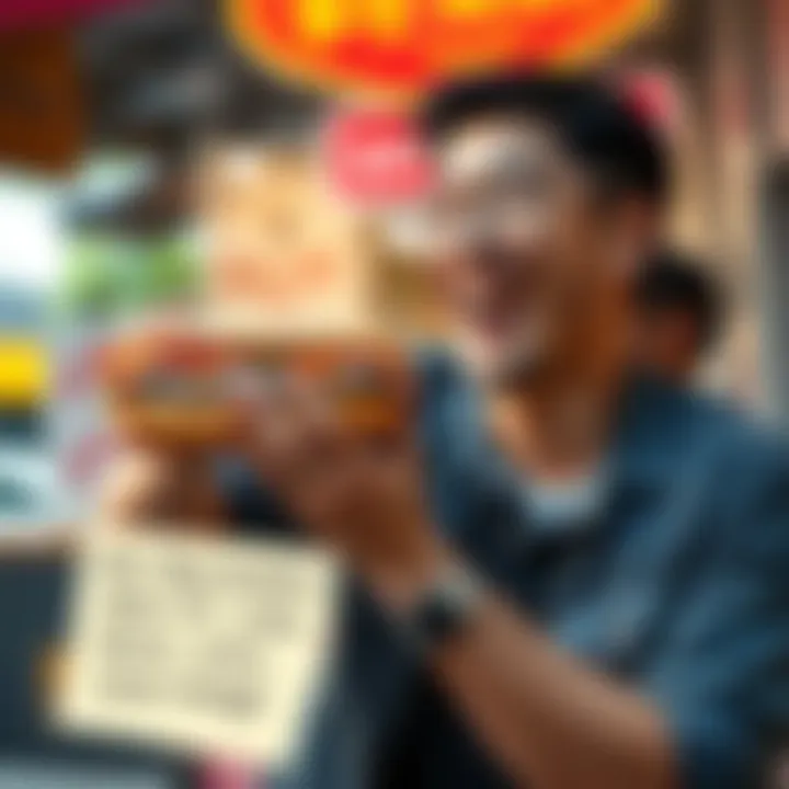 A man laughing while holding a Banh Mi sandwich, with a humorous note written next to him, depicting a food delivery mix-up.