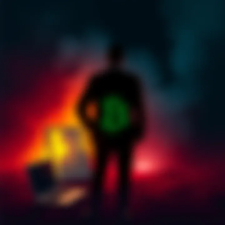 Man Vanishes with Bitcoin A silhouette of a man standing near a laptop with Bitcoin symbols, representing the disappearance of a crypto investor.