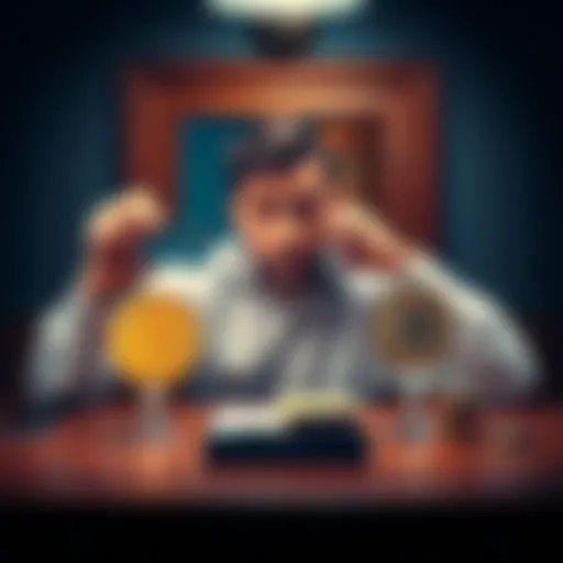 A man sits at a table, contemplating his credit cards on one side and bitcoin symbols on the other, looking worried about his financial decisions.
