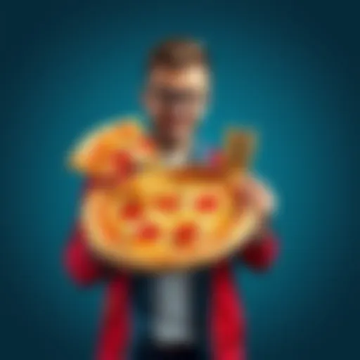 A man holding a pizza and a stack of coins, symbolizing a historic cryptocurrency exchange, showing the contrast between past and present value.