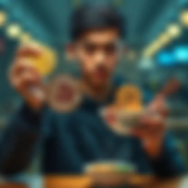 A young man holding a bitcoin in one hand and a bowl of ramen in the other, representing a balance between investing and budgeting for food.